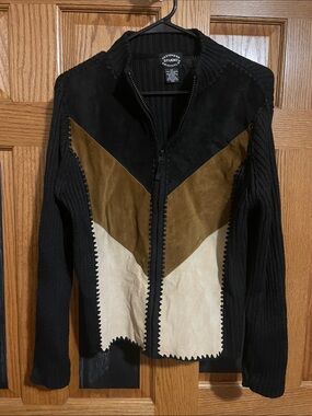 VINTAGE - Black, Tan and cream Suede Colorblock Zip Jacket by DSO